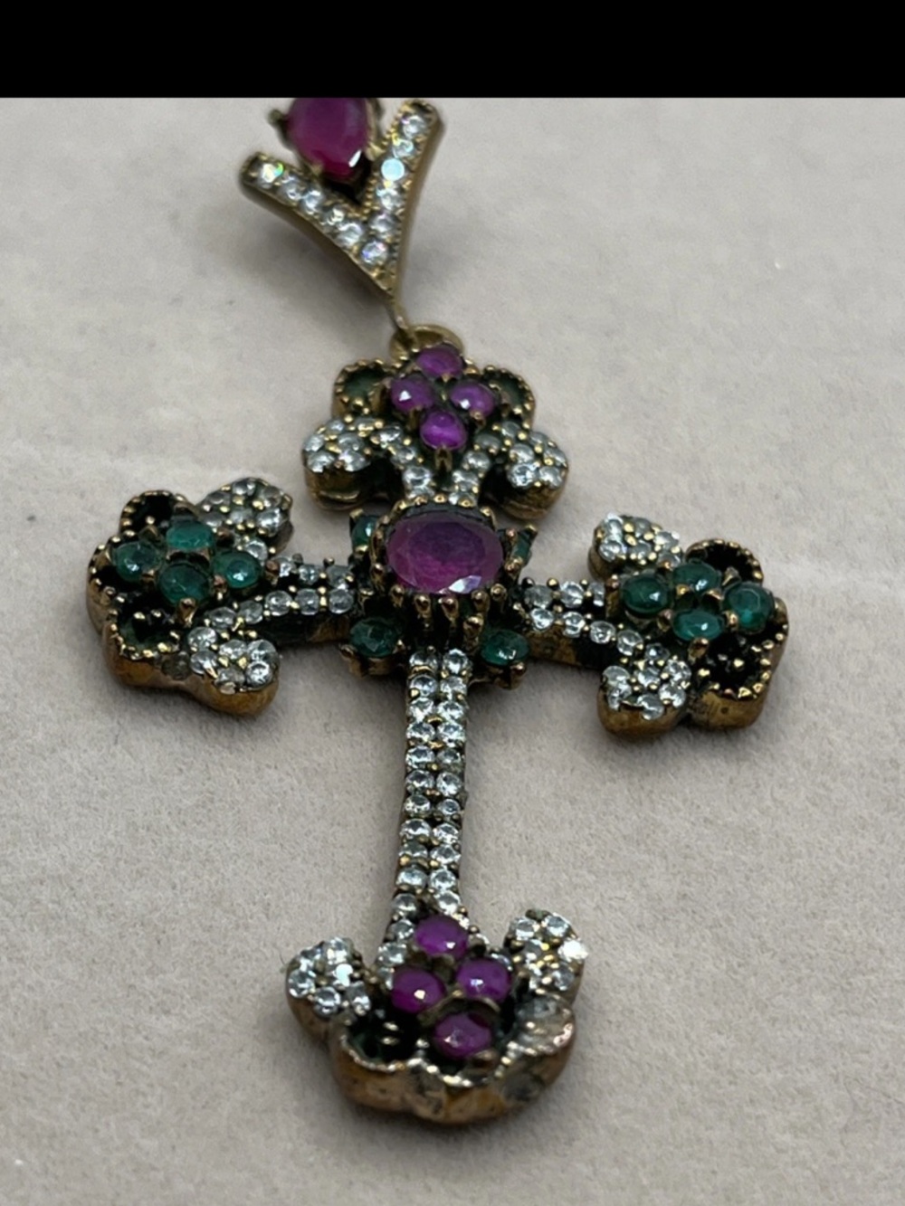 1Day Sale 925 Gold Genuine Ruby Emerald Cross Vintage Pendant Sterling Silver